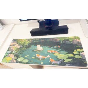 Koi Pond and Cat Scenery Extended Mouse Pad Anti-slip Desk Mat for Gaming and Ho